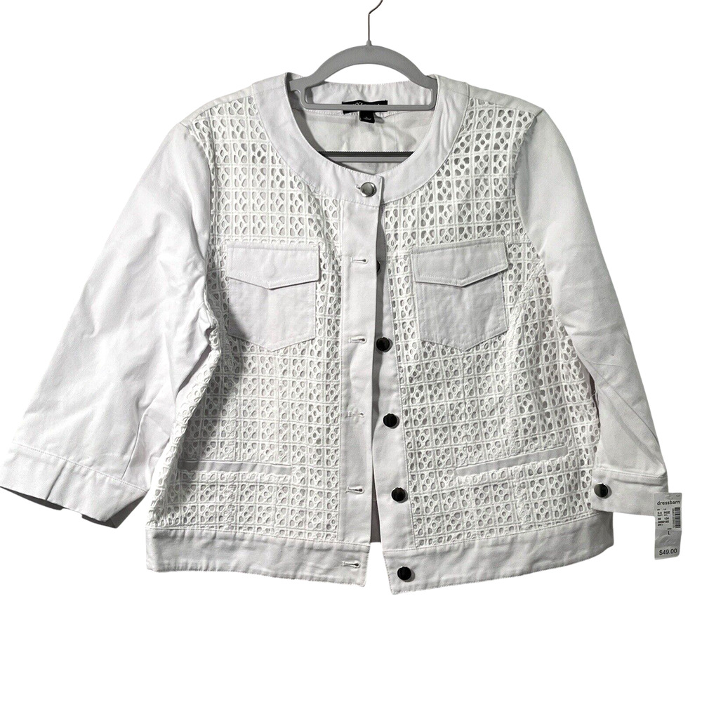Roz & Ali Jacket Women Size L White Cotton Eyelet Lined 3/4 Sleeve NWT Cute Top
